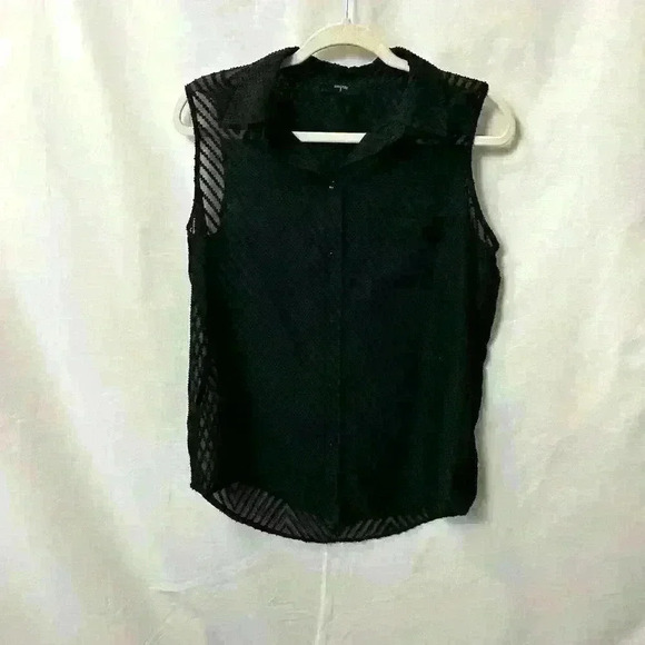 Tahari Womens Black Sheer Sleeveless Collared Chevron Design Top Blouse - Picture 1 of 11